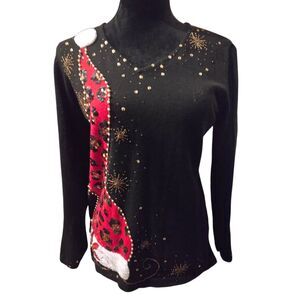 Berek 2 Small Sweatshirt Black Ugly Christmas Holiday Santa Hat Poinsetta